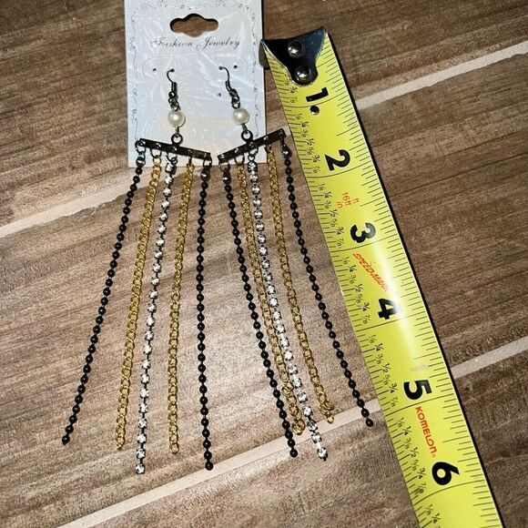 Long Wide Chain Fringe Dangle Chandelier Earring Black Gold Tone Rhinestone - Picture 2 of 6